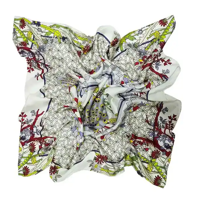 100% Silk Scarf for Women Printed Silk Twill Scarf with Flower and Birds Pattern
