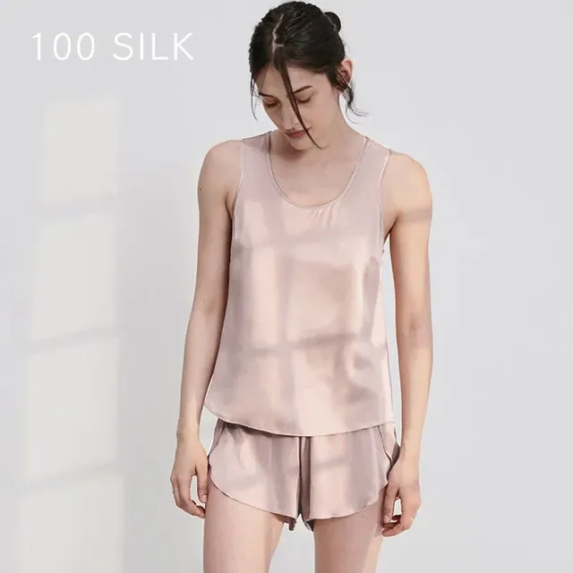 100% Silk Sleeveless Vest+Shorts Solid Color Women Sleepwear detail view