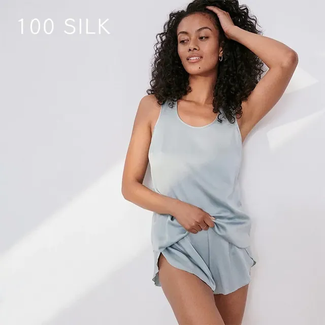 100% Silk Sleeveless Vest+Shorts Solid Color Women Sleepwear close up