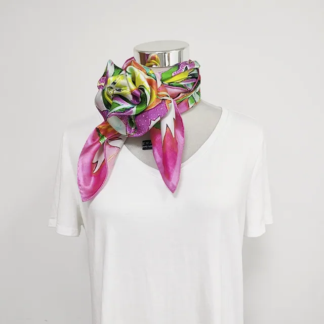 35Inch Luxury Square Silk Scarf Bright Flowers Patterns detail view