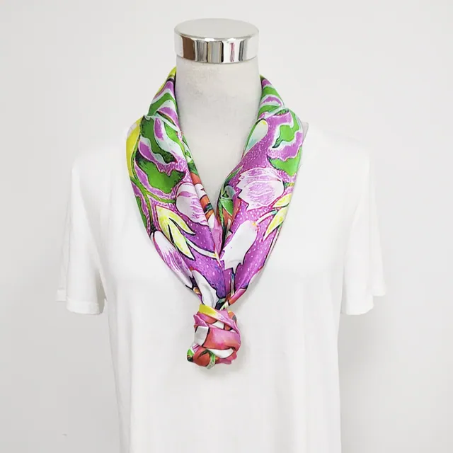 35Inch Luxury Square Silk Scarf Bright Flowers Patterns styling view