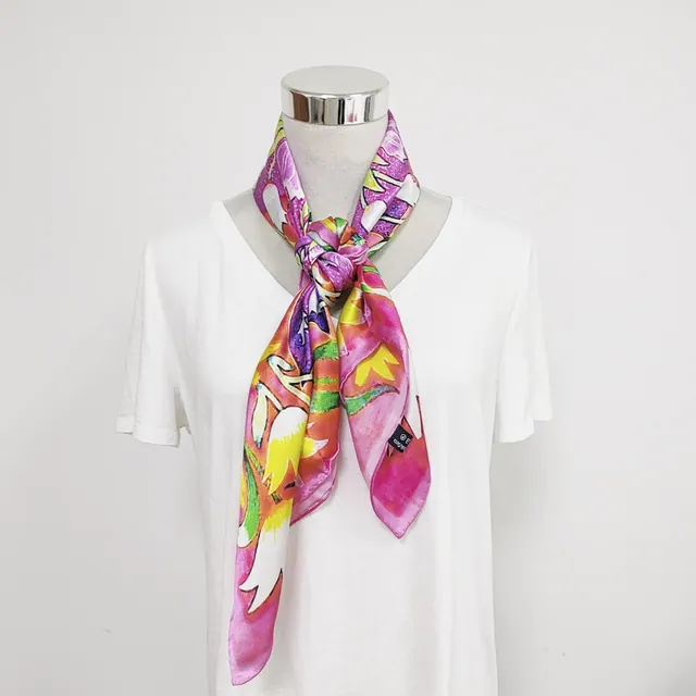 35Inch Luxury Square Silk Scarf Bright Flowers Patterns close up