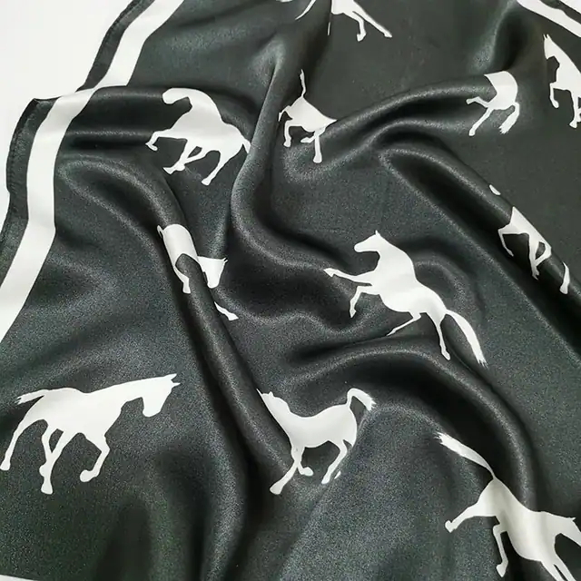 Custom White Horse Black Head Hair Tie Square Neck Pure Silk Scarf for Women detail view