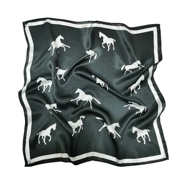Custom White Horse Black Head Hair Tie Square Neck Pure Silk Scarf for Women