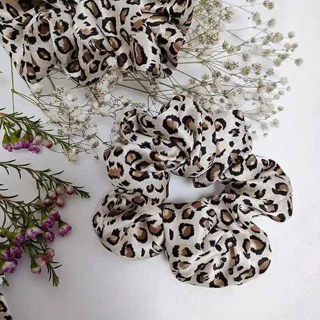Leopard Pattern Silk Scrunchies in 22mm Width 5cm close up