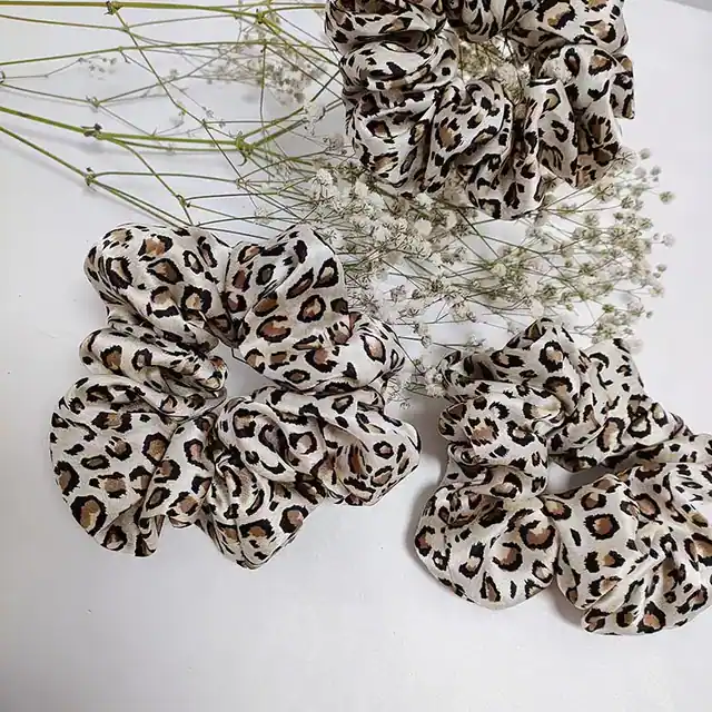 Leopard Pattern Silk Scrunchies in 22mm Width 5cm styling view