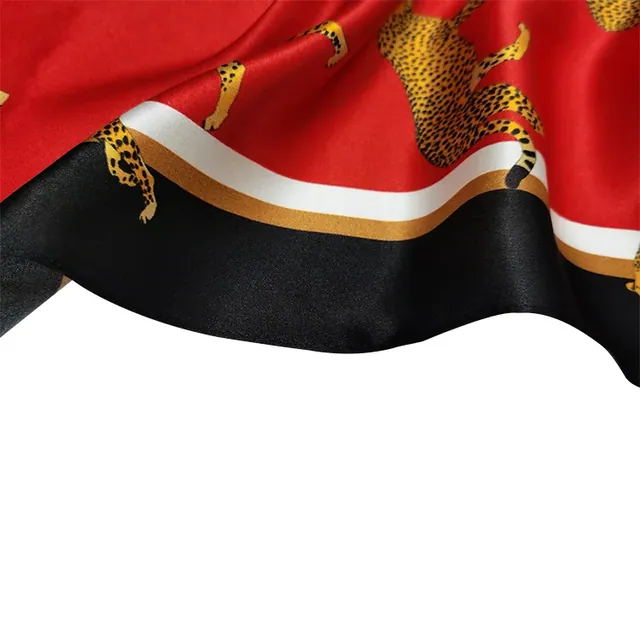Luxury Ladies Pure Silk Scarf Classic Leopard Pattern Print Red Silk Charmeuse Hair Scarf close up