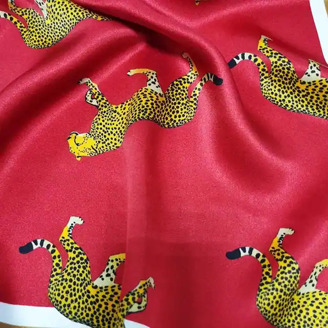 Luxury Ladies Pure Silk Scarf Classic Leopard Pattern Print Red Silk Charmeuse Hair Scarf styling view