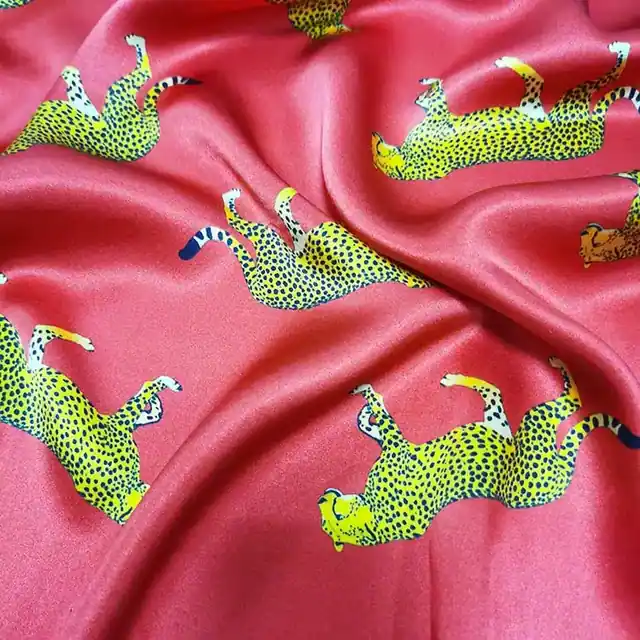 Luxury Ladies Pure Silk Scarf Classic Leopard Pattern Print Red Silk Charmeuse Hair Scarf detail view