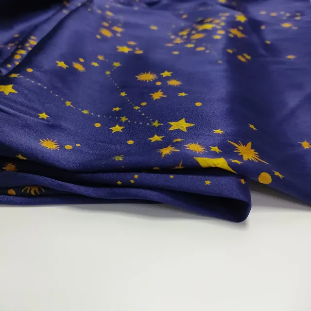 Navy Blue Printed Silk Satin Fabric Accept Custom styling view