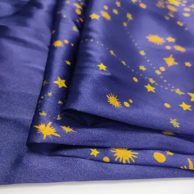 Navy Blue Printed Silk Satin Fabric Accept Custom close up