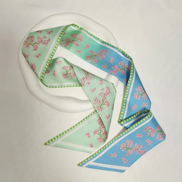 Printed Silk Twill Bag Scarf Silk Skinny Silk Scarf flat lay