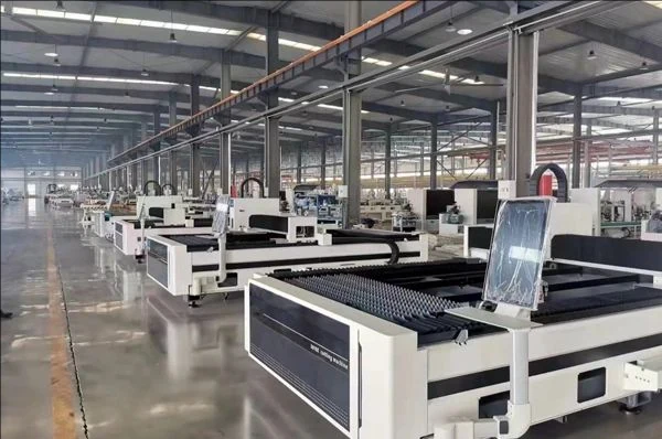 Fiber laser cutting machines lined up in the Weihua Laser assembly workshop