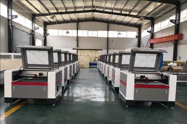 CO2 laser cutting machines lined up in the workshop before shipment