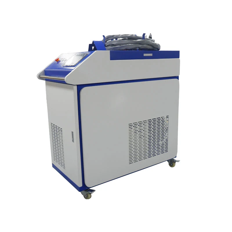 Operator using handheld fiber laser welder on metal sheet