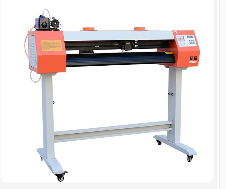 Side view of plotter showing paper feed rollers and width