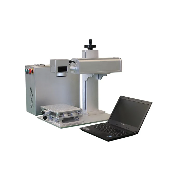 Close-up of fiber laser marking head on a metal surface
