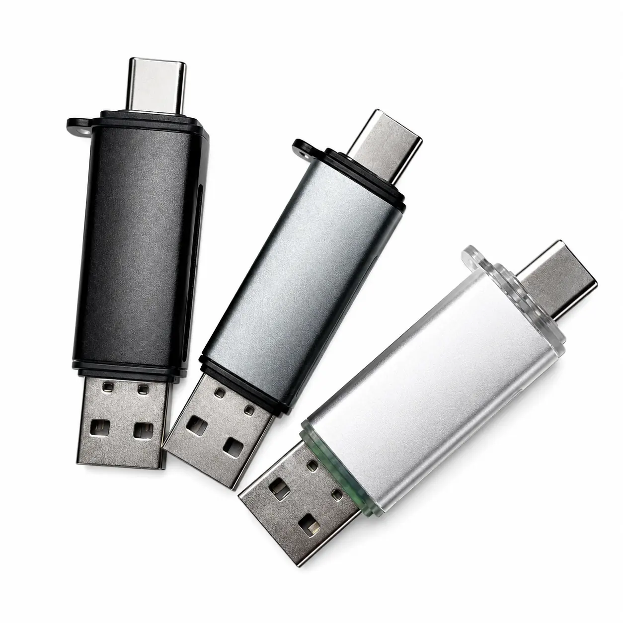 Three 2-in-1 USB 2.0 card readers in black, grey and silver
