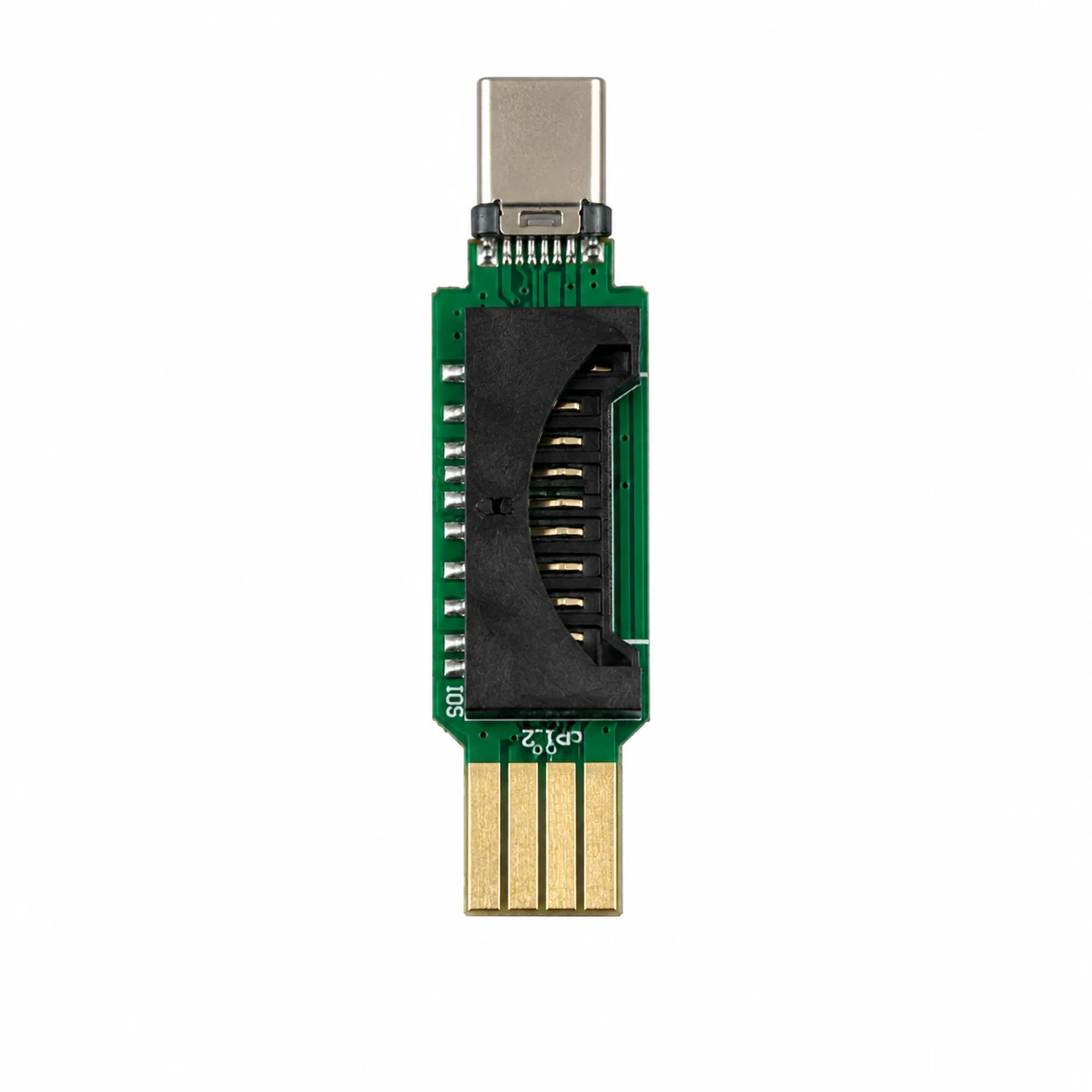Bare circuit board of a 2-in-1 card reader showing the microSD slot and USB-C connector