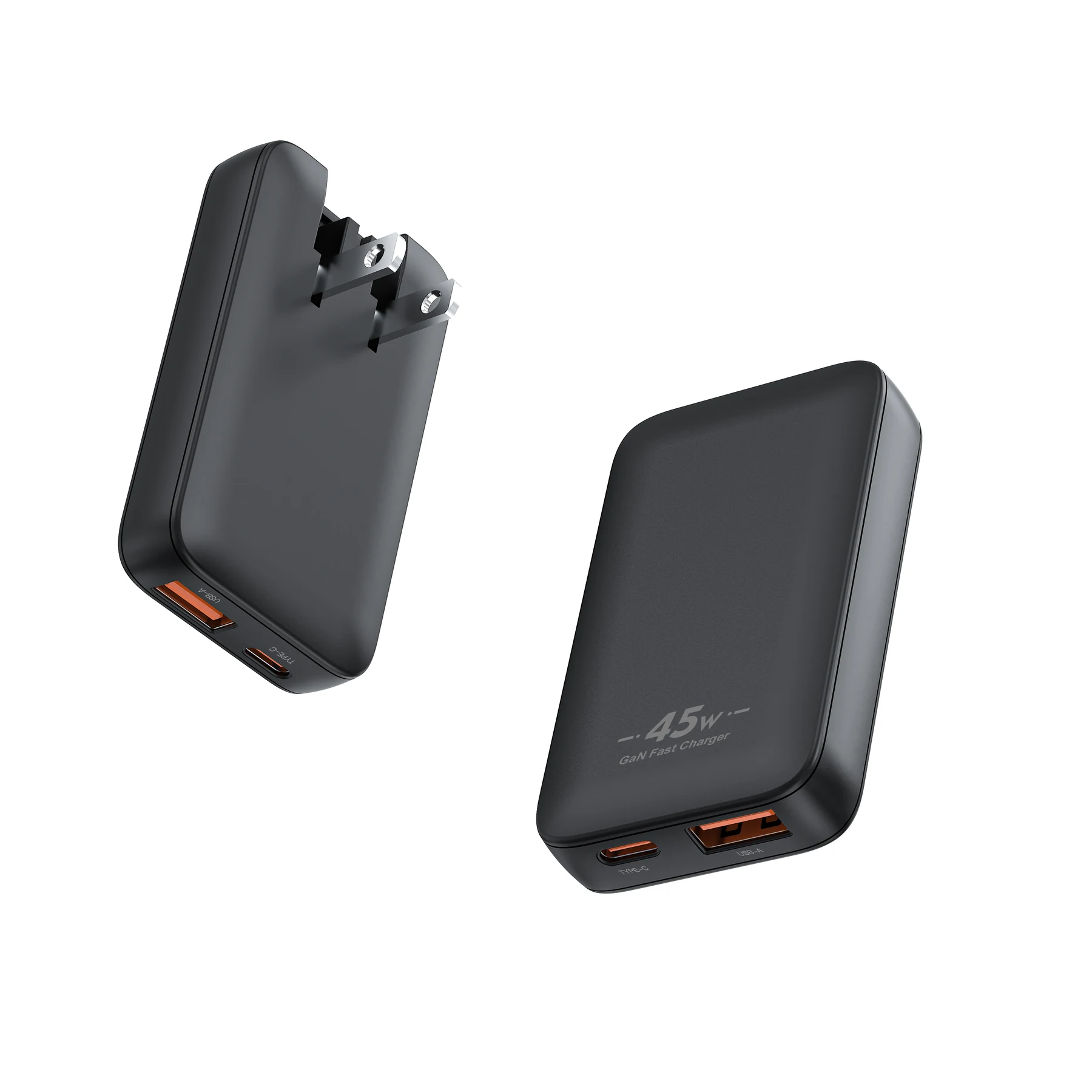 45W/65W GaN Slim Wall Charger With Foldable Prongs, US Plug, shown at an angle