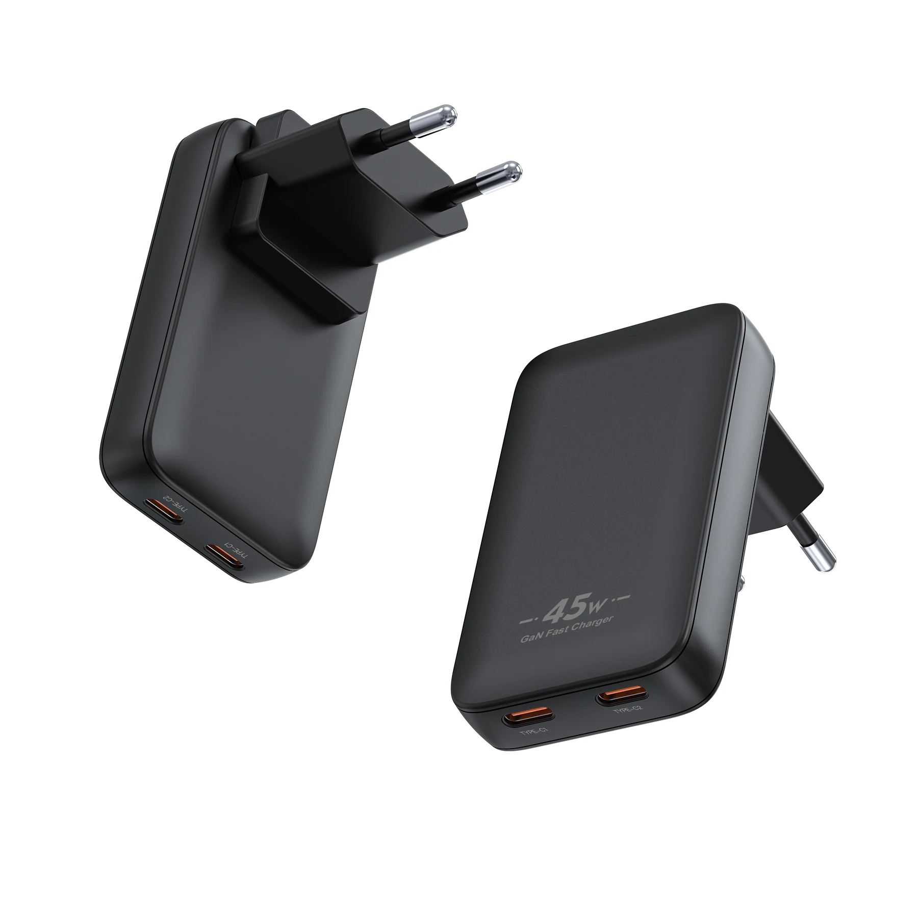 EU 45W/65W GaN Slim Wall Charger With Foldable Prongs, shown from the front