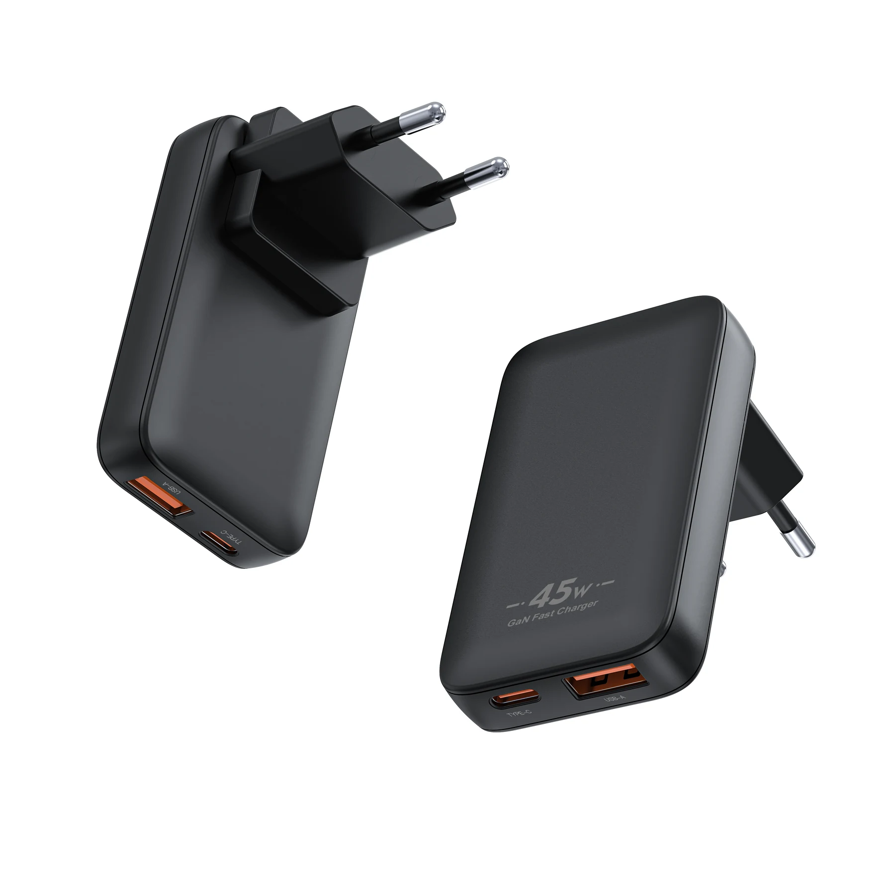 Black EU GaN wall charger with foldable prongs, shown from two angles