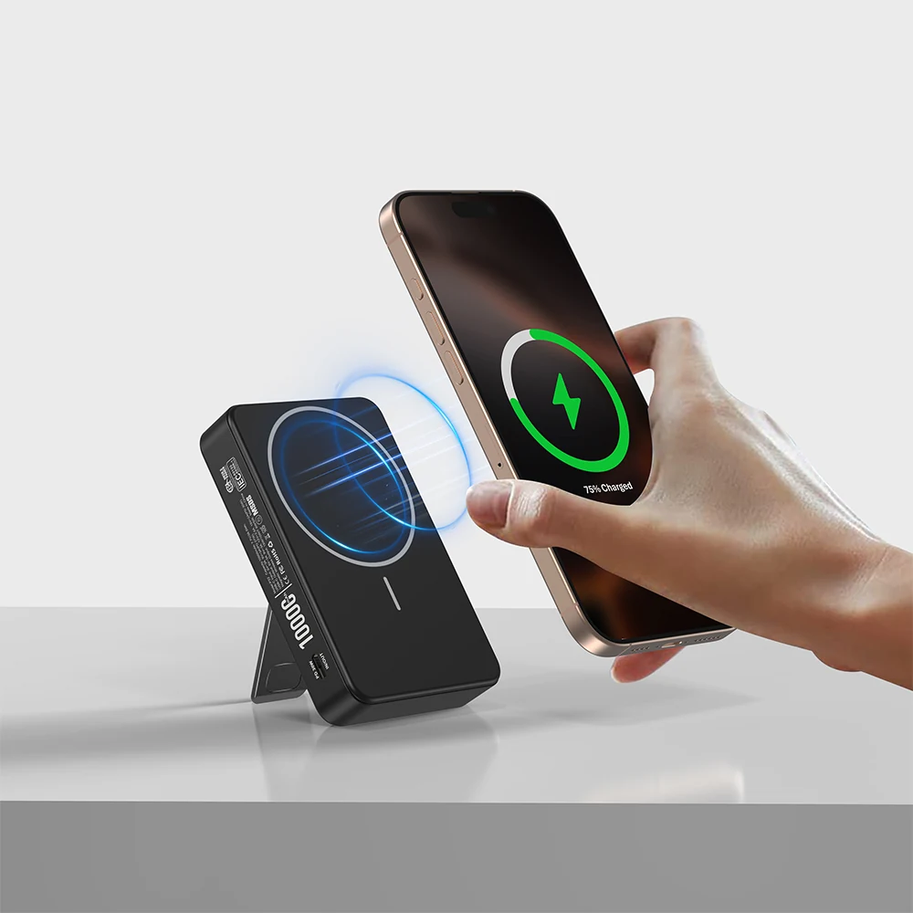 KIKOO Mag 10000mAh Magnetic Power Bank, 15W Wireless And 30W USB-C, shown in use