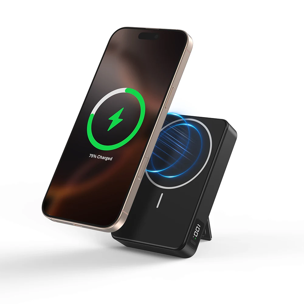 KIKOO Mag magnetic power bank charging an iPhone with the charging ring on screen