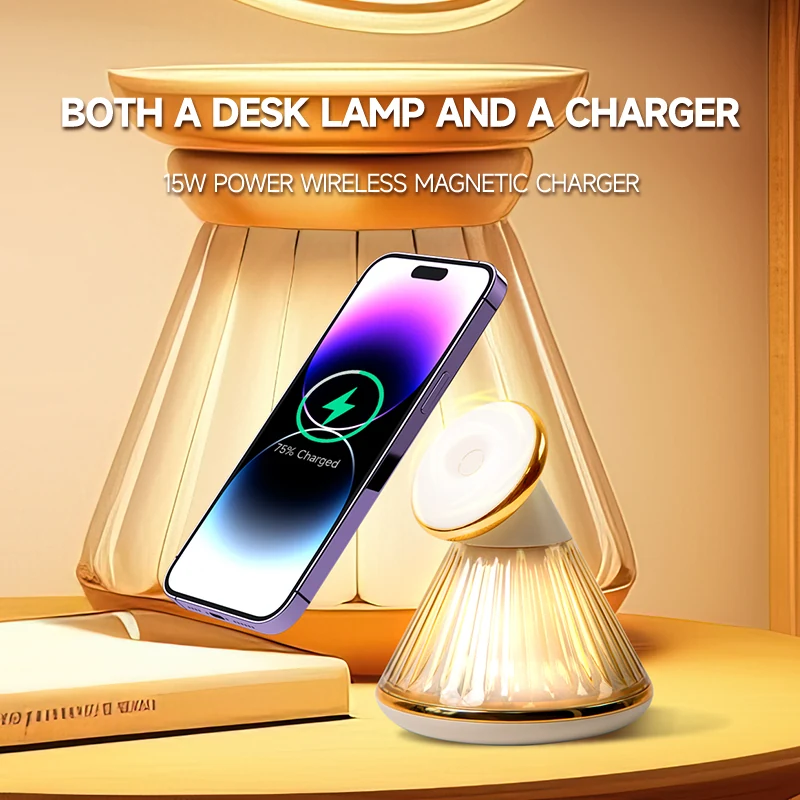 KIKOO Mag desktop lamp wireless charging stand on a bedside table with a phone attached