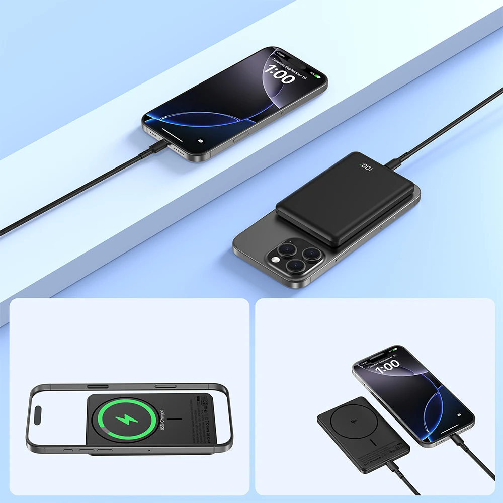 KIKOO Mag ultra-slim magnetic power bank charging a phone, shown in three use scenarios