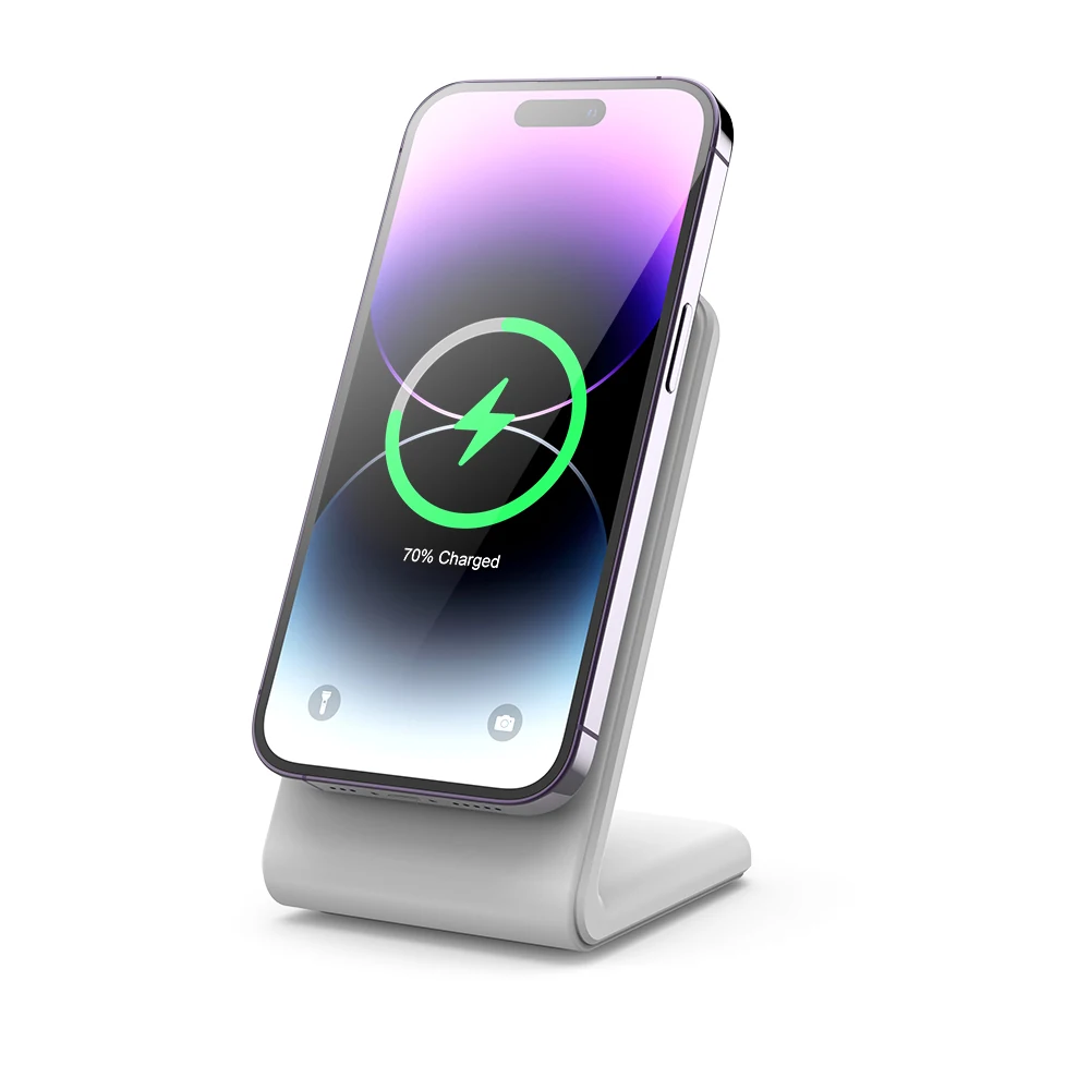 iPhone held upright on a white KIKOO Mag wireless charging stand
