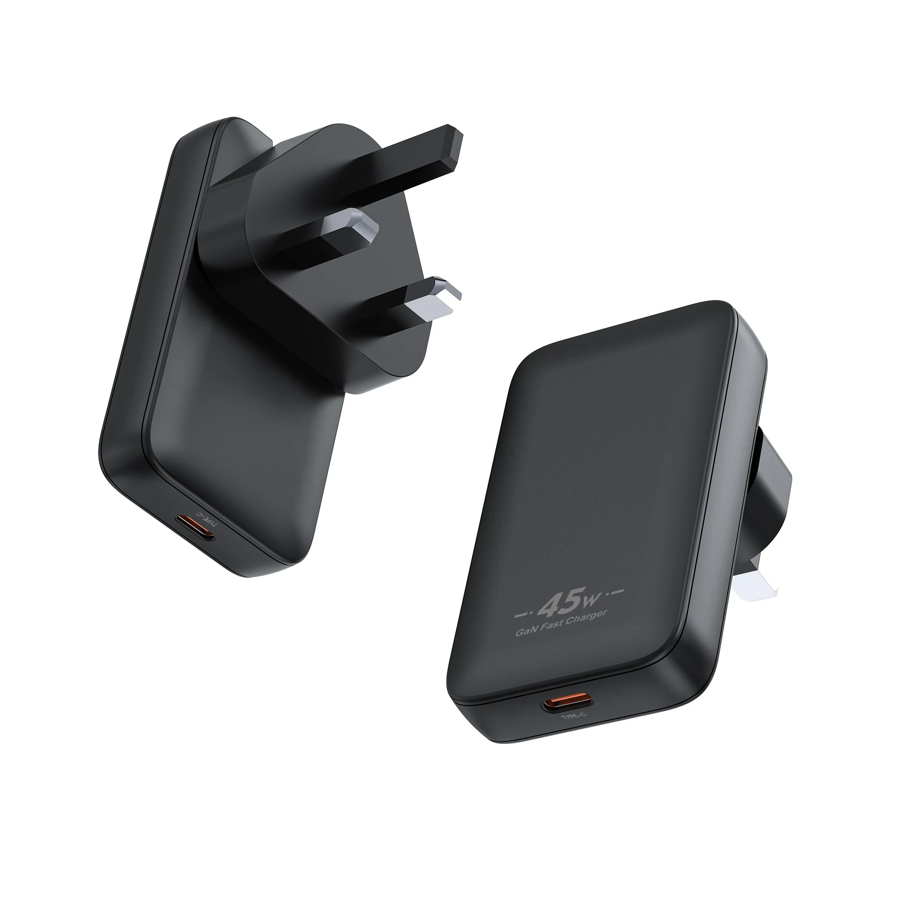 UK 45W/65W GaN Slim Wall Charger With Foldable Prongs, shown at an angle