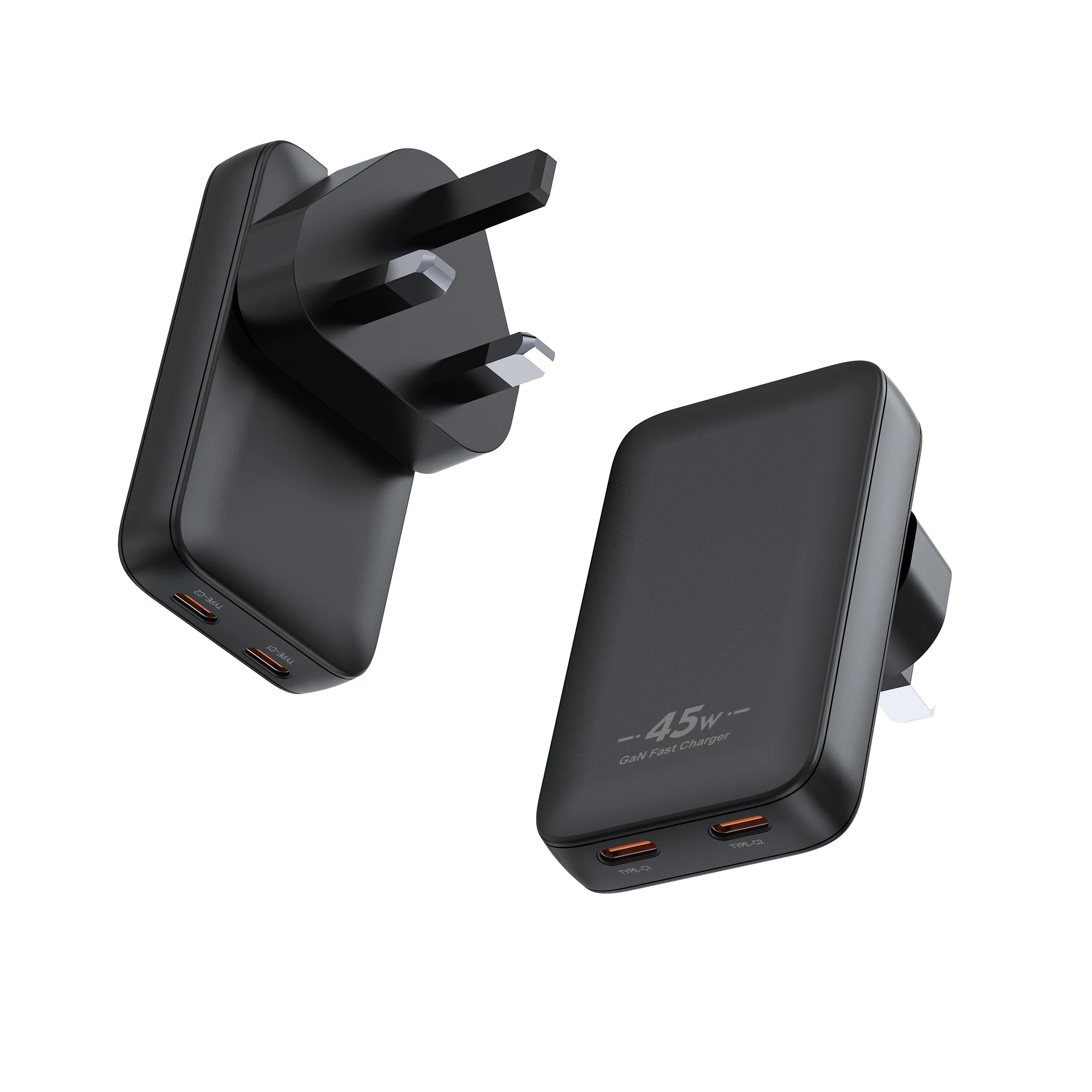 UK 45W/65W GaN Slim Wall Charger With Foldable Prongs, shown from the front