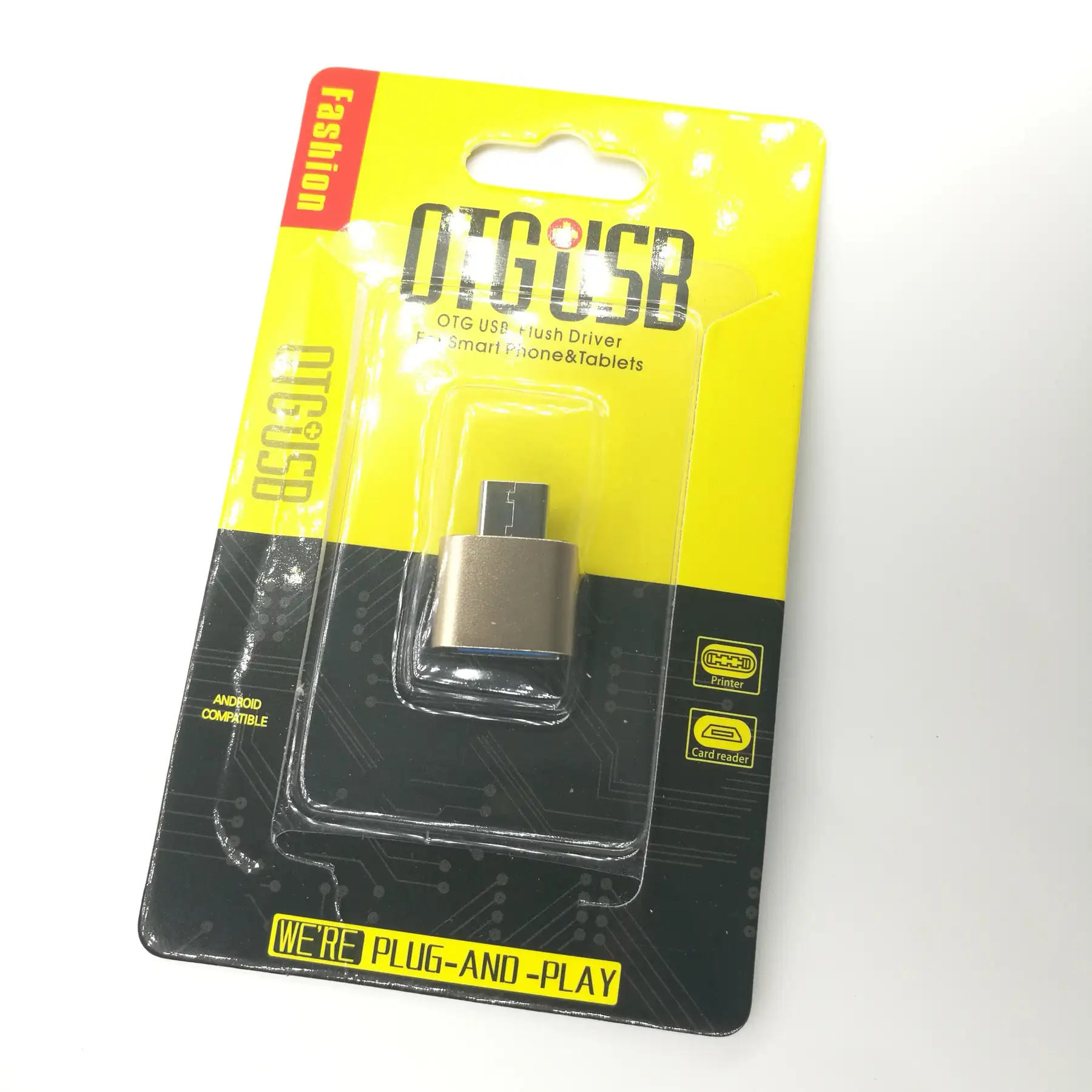 OTG adapter on a printed retail blister card