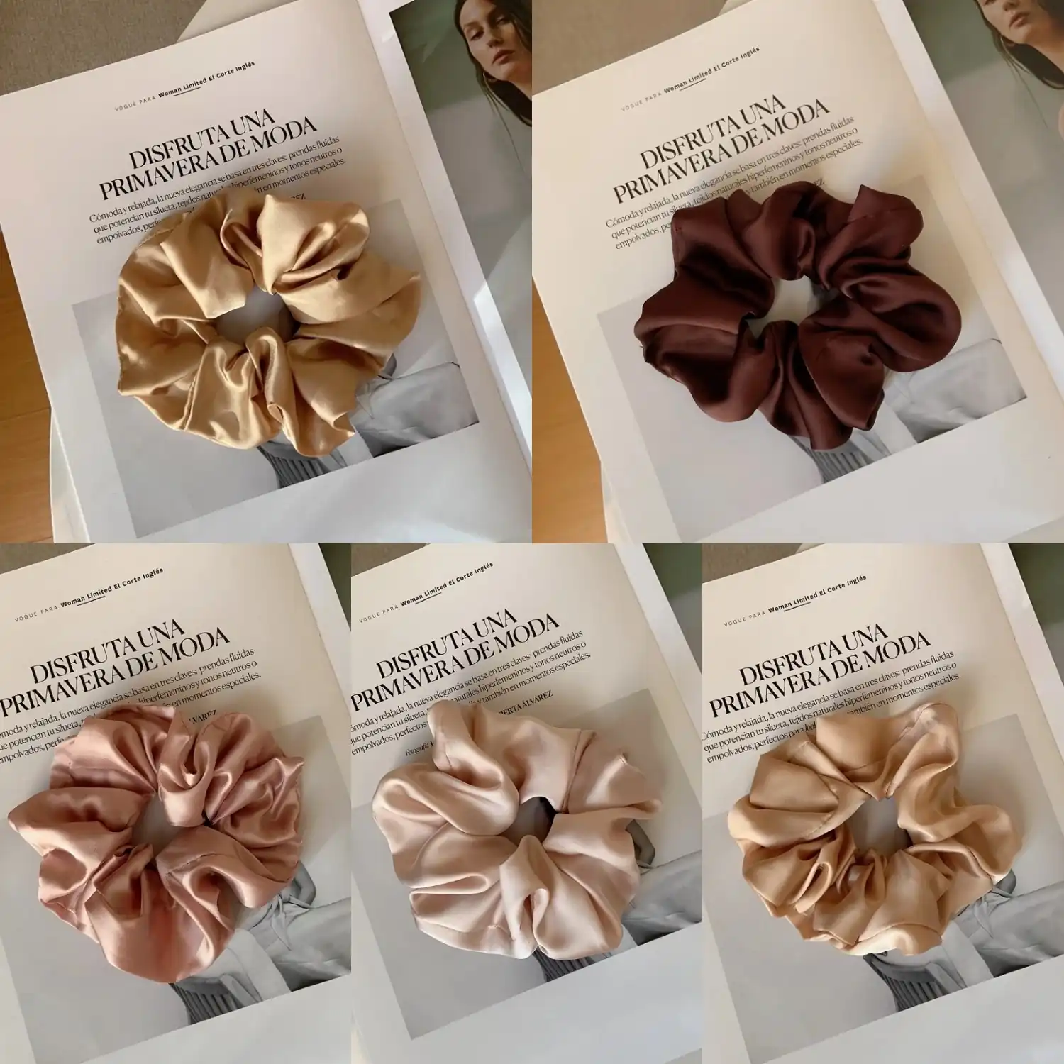 Set of custom-coloured microfiber scrunchies laid out on a white surface