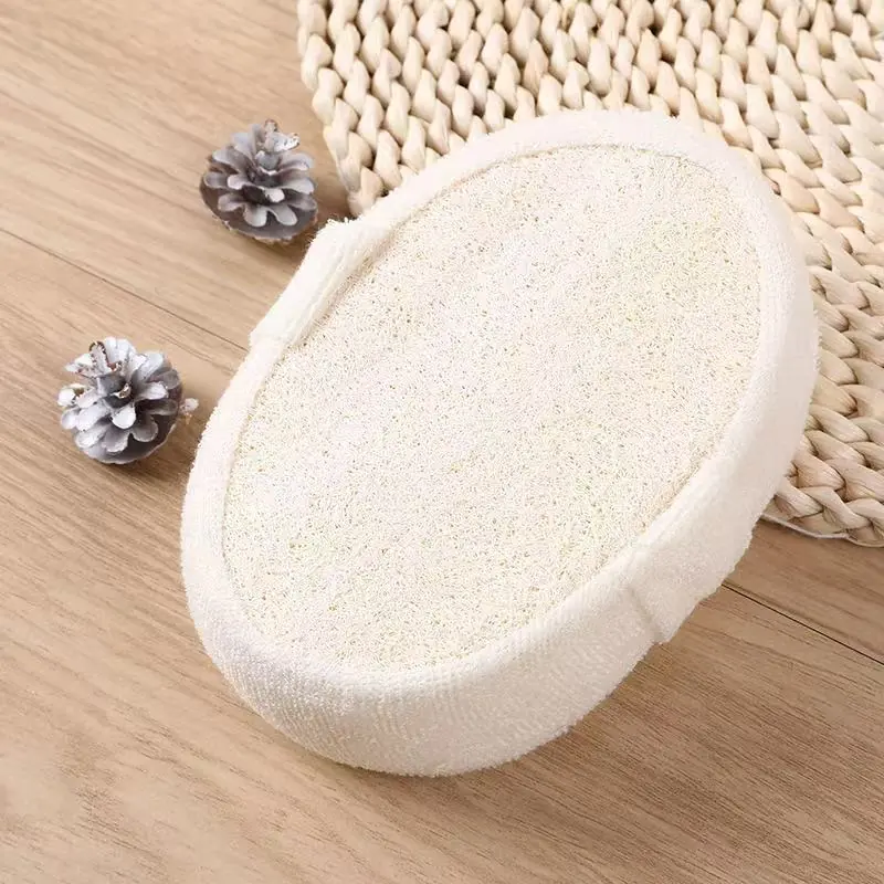 Natural organic loofah exfoliating body scrubber with elastic hand strap and terry cloth backing