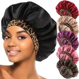 Satin hair bonnet with leopard pattern and wide elastic band laid flat