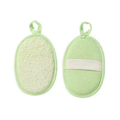 Loofah pad hanging to dry with the elastic strap visible