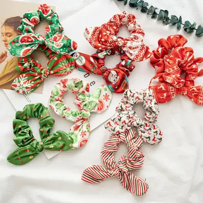 Set of four rabbit ear scrunchies in different custom colours and patterns