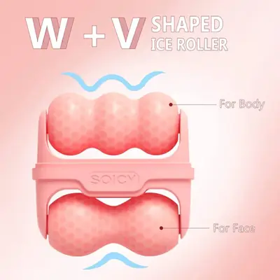 V-shaped ice roller being applied to the under-eye area with gentle motion