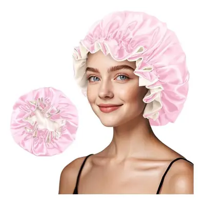 Bonnet worn on a head with the adjustable elastic band secured at the back