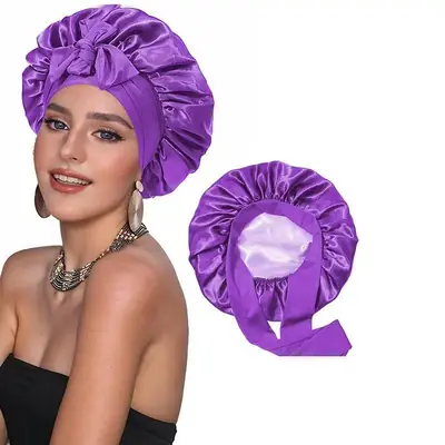 Bonnet displayed with a matching satin scrunchie and silk pillowcase as a gift set