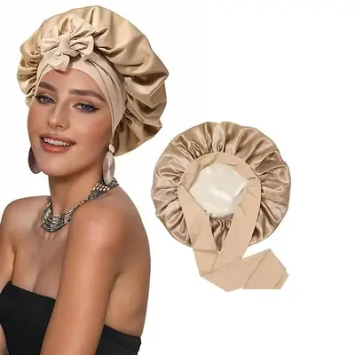 Satin bonnet packed in a custom polybag with a branded hang tag