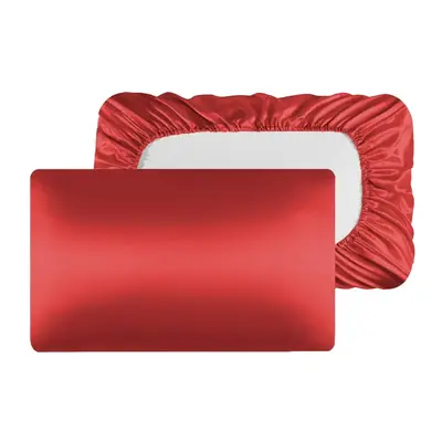 Satin pillowcase displayed with a satin bonnet and eye mask in a gift set