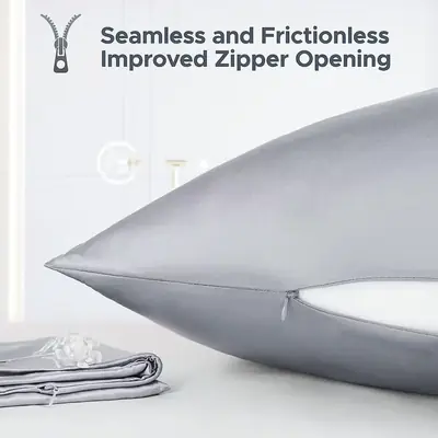 Satin pillowcase zipped closed on a standard pillow, demonstrating secure fit