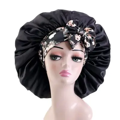 Bonnet displayed with matching satin scrunchie and silk pillowcase as a retail bundle
