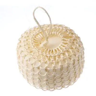 Set of three bath balls in natural tones packed in a biodegradable sleeve