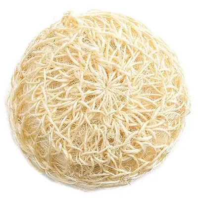 Sisal bath ball hanging from a natural twine loop in a bathroom setting