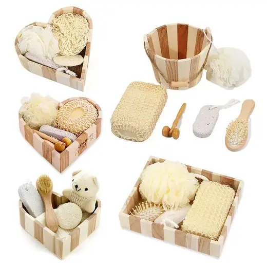 Large natural rope loofah, bath brush, and body scrubber laid out flat