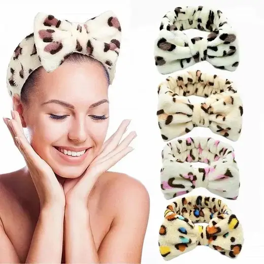 Microfiber headband with leopard print laid flat, showing the elastic edge